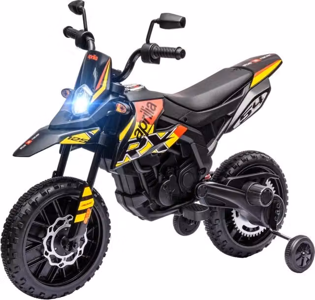 Motocicletta elettrica Aprilia da 12V per bambini con luci LED, musica, USB e rotelle, colore giallo