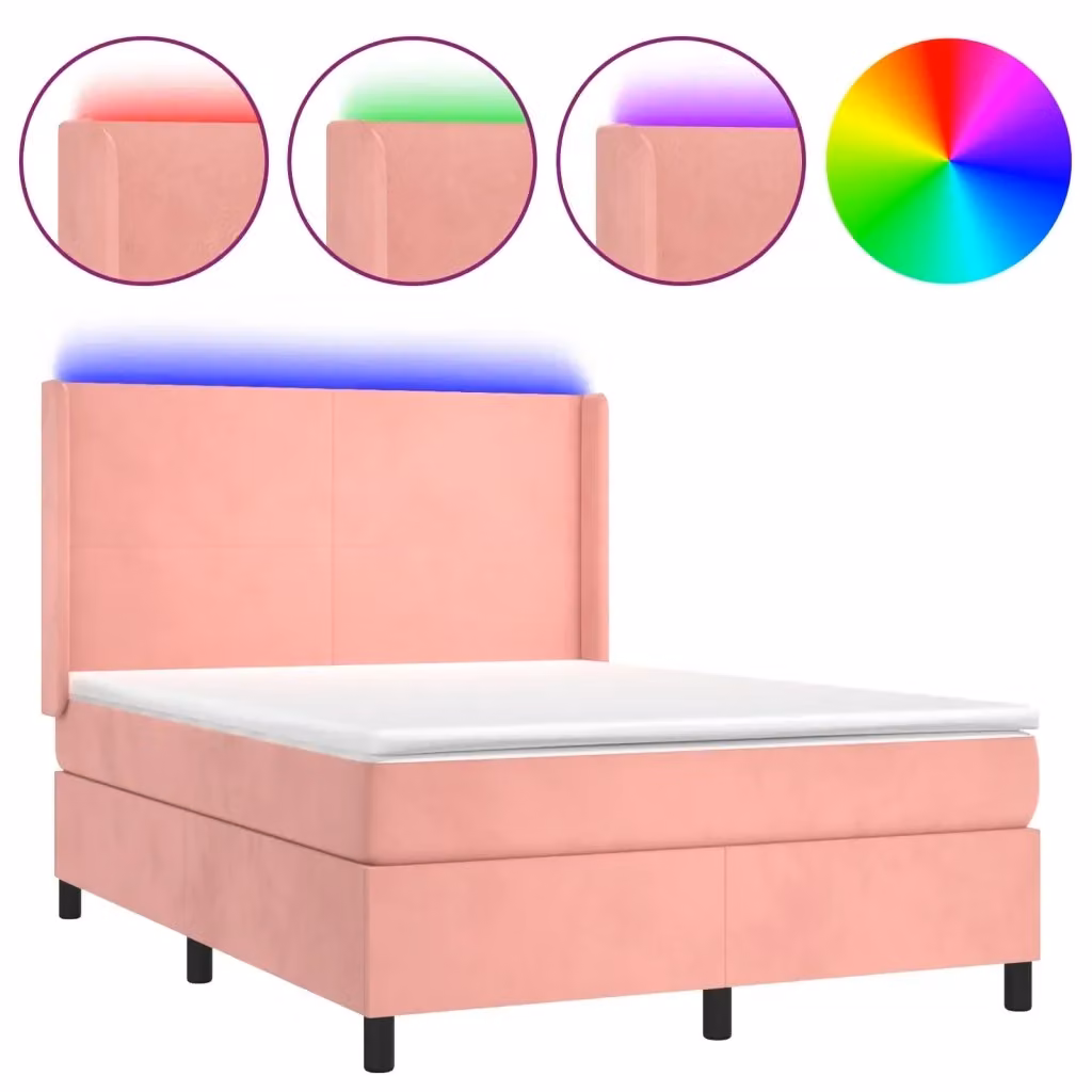 Letto a Molle con Materasso e LED vidaXL in Velluto Rosa, L/P/H: 140 x 190 cm – 2