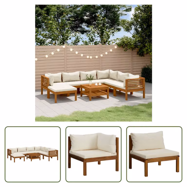 The Living Store Set da giardino da 8 pezzi con cuscini crema Legno massiccio di acacia
