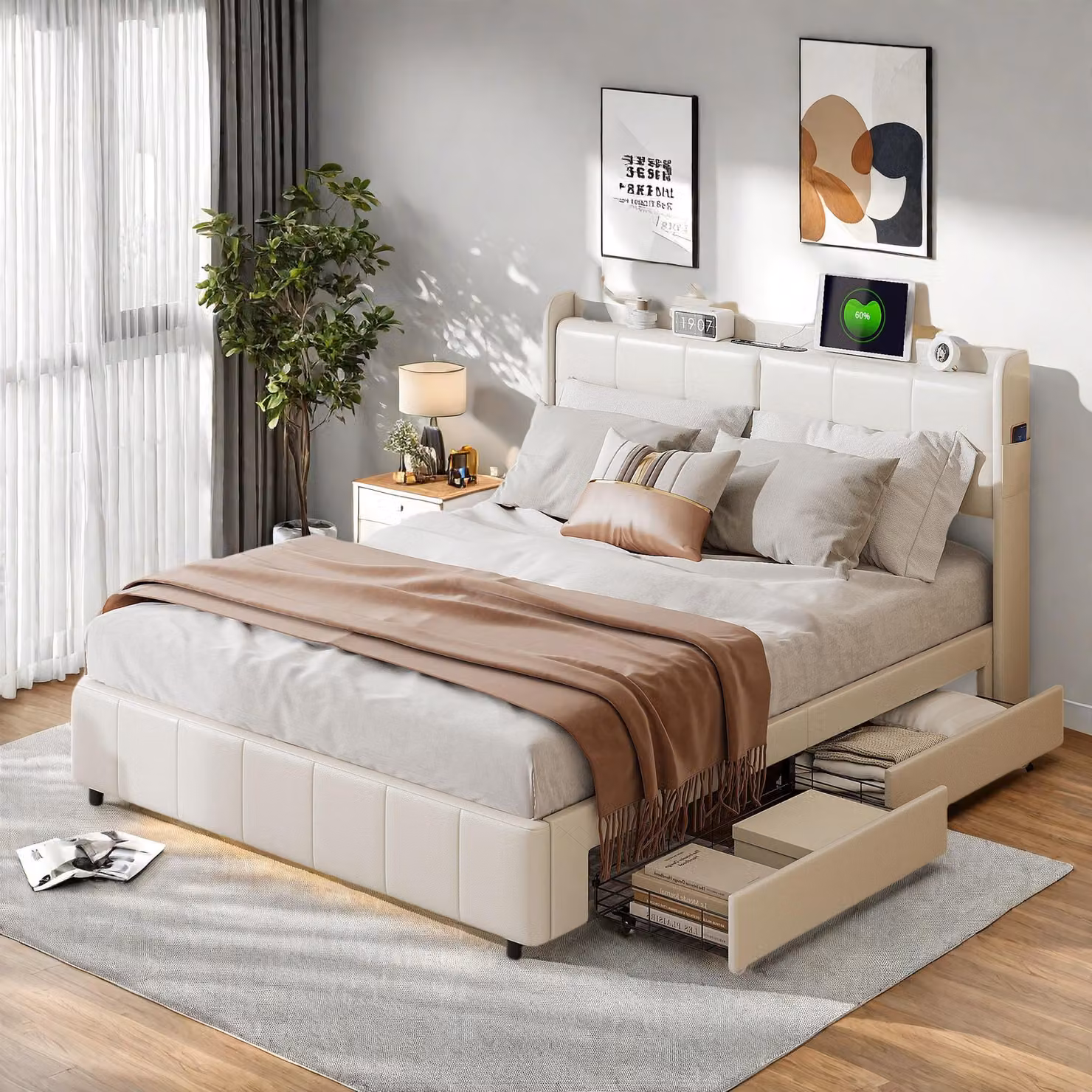 Letto imbottito Fortuna Lai 160x200cm con LED, USB e 4 cassetti, letto contenitore in PU, bianco
