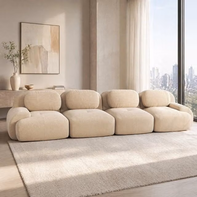 Divano angolare modulare 388x103x70 cm senza telaio in velluto a coste beige