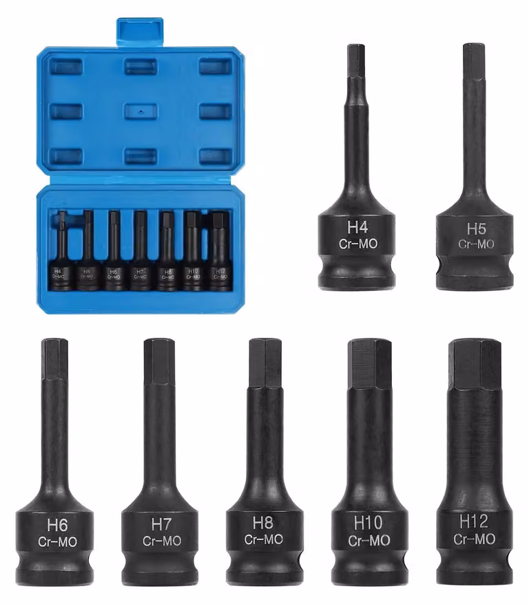 Omgoods - Set di chiavi a bussola da 7 pezzi - Chiavi a bussola esagonali interne da 3/8 di pollice - Set di chiavi con custodia - Misura: H4/H5/H6/H7/H8/H10/H12 - Tolleranza: 1-3 mm - Set di chiavi a bussola