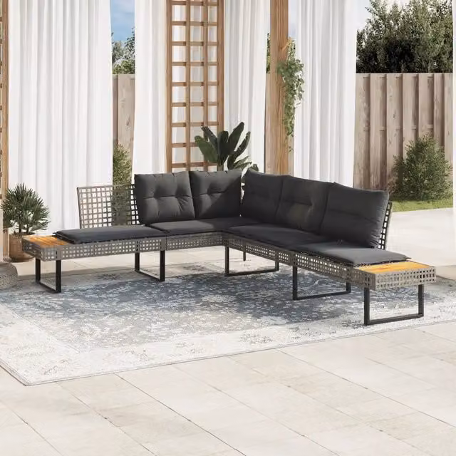 Divano da Giardino con Cuscini a L Grigio Polyrattan e Acacia 365635