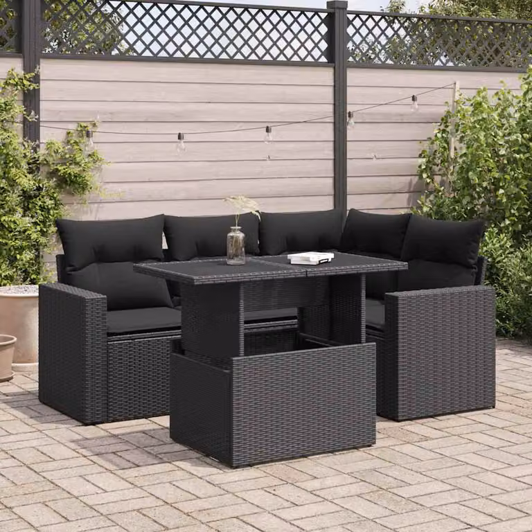 Set da giardino vidaXL composto da 5 pezzi con divano a L, poltrone e tavolino in polyrattan nero con cuscini inclusi