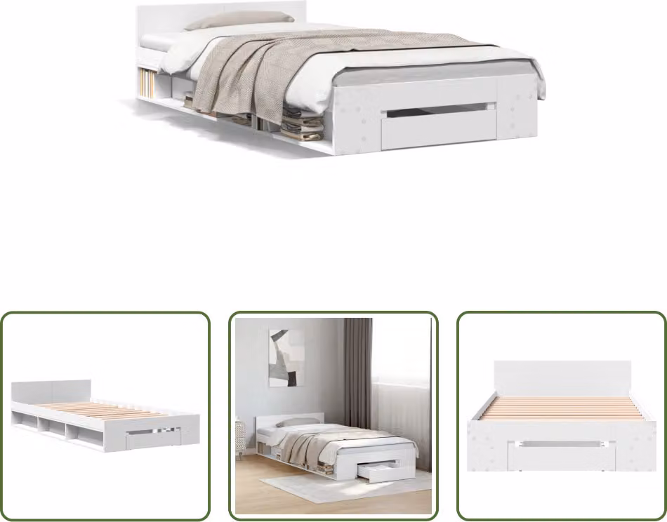 The Living Store Struttura letto con cassetto bianco 100x200 cm in materiale ligneo