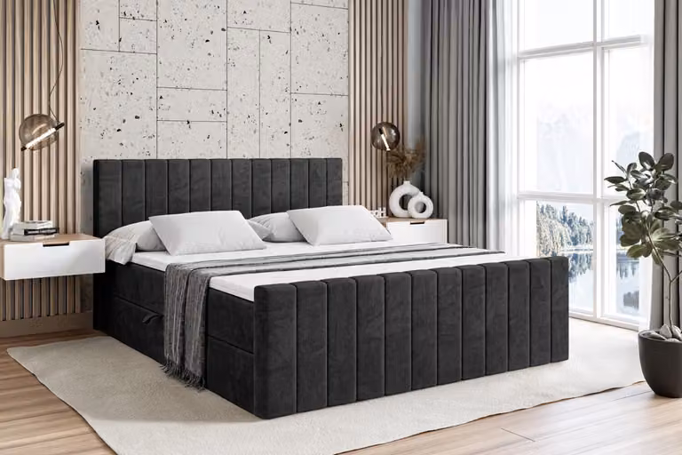 Letto boxspring ALTDECOR con pediera, materasso H4 e topper - 140x200 cm - EDITA-Z - Velluto nero - Letto imbottito con contenitore e rete a doghe, letto con spazio contenitivo
