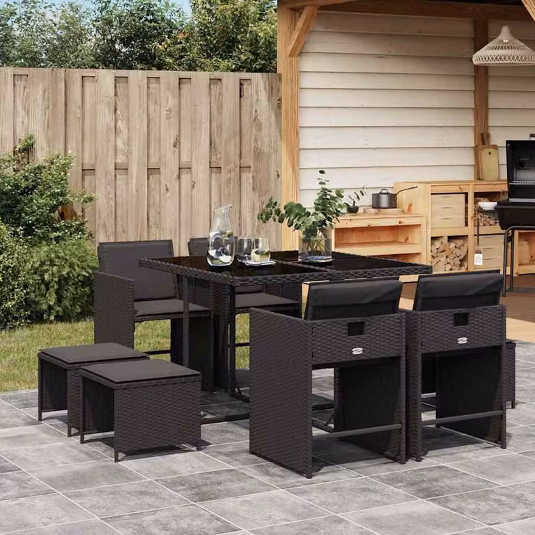 Set da Pranzo da Giardino vidaXL in Polyrattan Nero con Cuscini e Tavolo in Vetro, 9 Pezzi