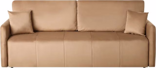 Divano moderno a 3 posti in velluto con cuscini decorativi e funzione letto colore marrone chiaro soggiorno