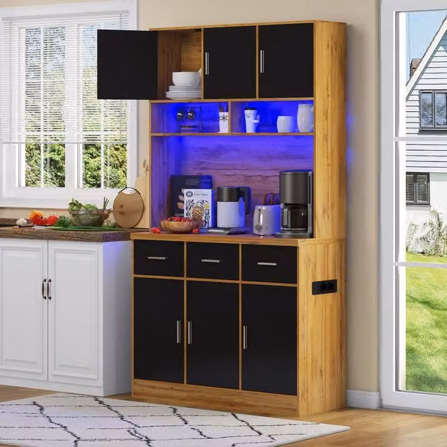 Credenza e madia con LED e prese USB, 3 cassetti, 6 ante e ripiani regolabili, per cucina e sala da pranzo, 100 × 40 × 180 cm