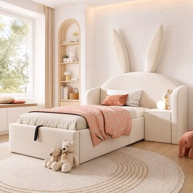 Letto per bambini imbottito 90x190 cm con testiera a orecchie; contenitore ad apertura idraulica e comodino; velluto beige