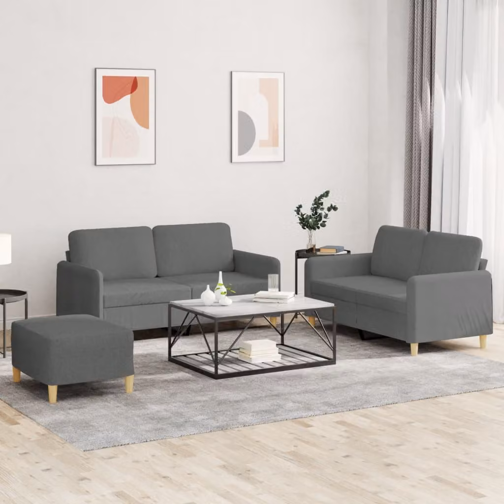 Set di Divani vidaXL 3 Pezzi con Ottoman e Cuscini in Tessuto Grigio Moderno – 1