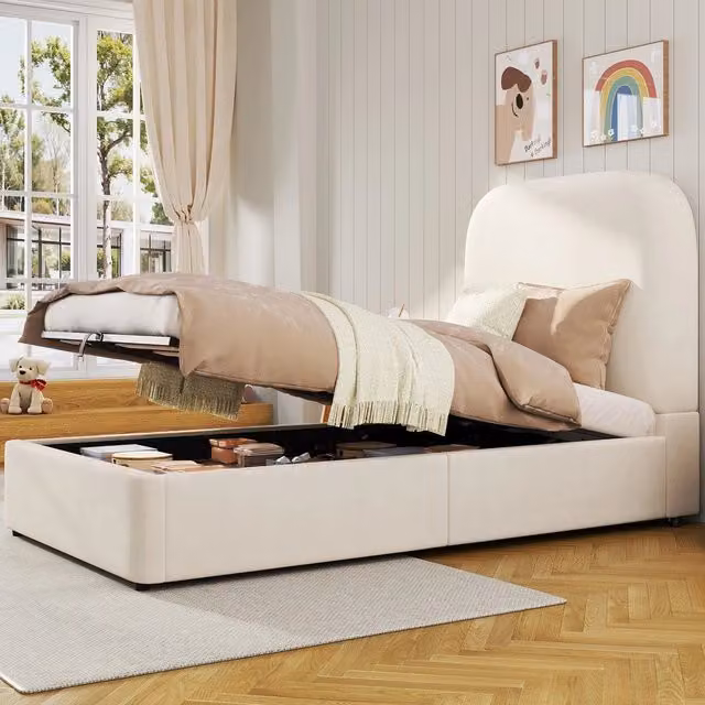 Letto imbottito singolo 90x200 con contenitore idraulico ¨C Minimal ¨C velluto beige con rete a doghe
