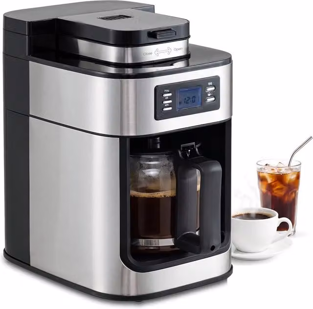 Macchina da caffè Design In con macinacaffè elettrico, caraffa in vetro da 1 l, funzione timer e mantenimento in caldo, colori argento e nero – 1