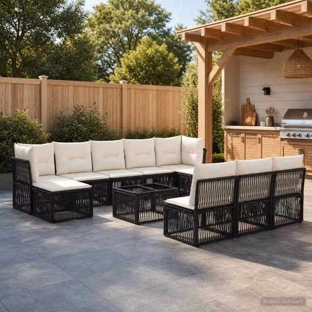 Set Divano da Giardino vidaXL 11 pz Nero con Poltroncine e Tavolino in Polyrattan e Metallo Resistente alle Intemperie