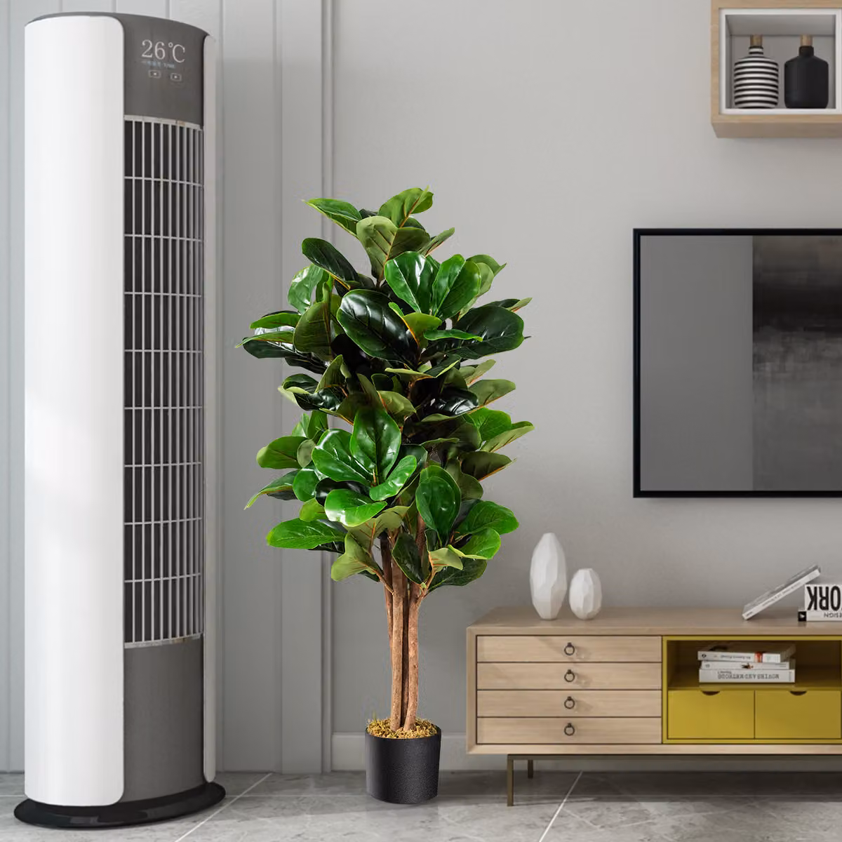 Pianta artificiale Ficus lyrata Costway verde per interno ed esterno, Altezza: 120 cm