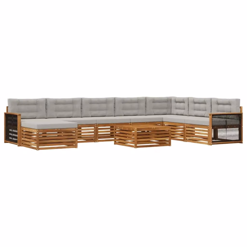 Set di divani da esterno a forma di U vidaXL in legno di acacia con tavolino e pouf, colore marrone e grigio, 9 pezzi – 2