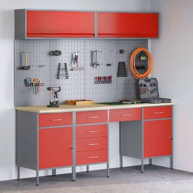 Mobile da lavoro vidaXL in acciaio e legno ingegnerizzato rosso con 10 pezzi e chiusura di sicurezza