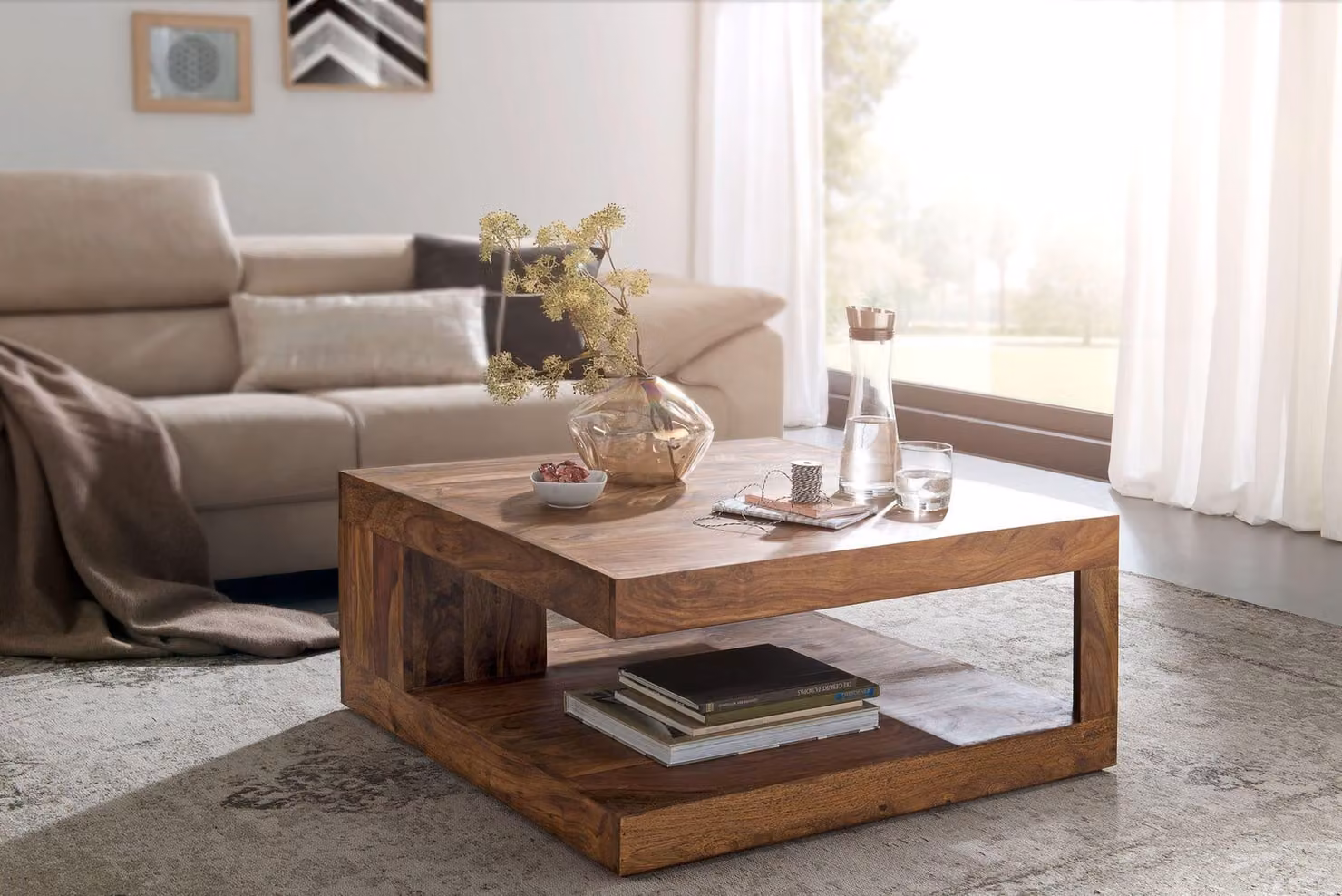 Tavolino da caffè in legno massiccio sheesham 90cm design tavolo da salotto marrone scuro tavolo stile country | Wohnling