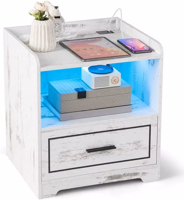 Set di 2 comodini Costway vintage con illuminazione LED, porte USB, ripiano aperto e cassetto, Bianco, L 45 x P 40 x H 50 cm – 2