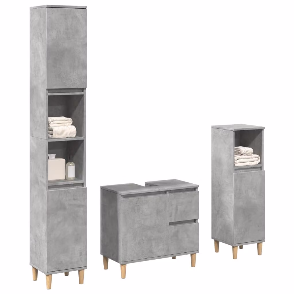 Set di mobili da bagno vidaXL in legno multistrato grigio, composto da 3 pezzi: mobile lavabo, colonna alta e mobile laterale, con design moderno a parete