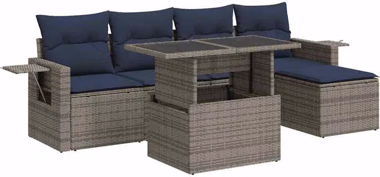 Set Divano da Giardino 6 pz con Cuscini Grigio Polyrattan Acacia