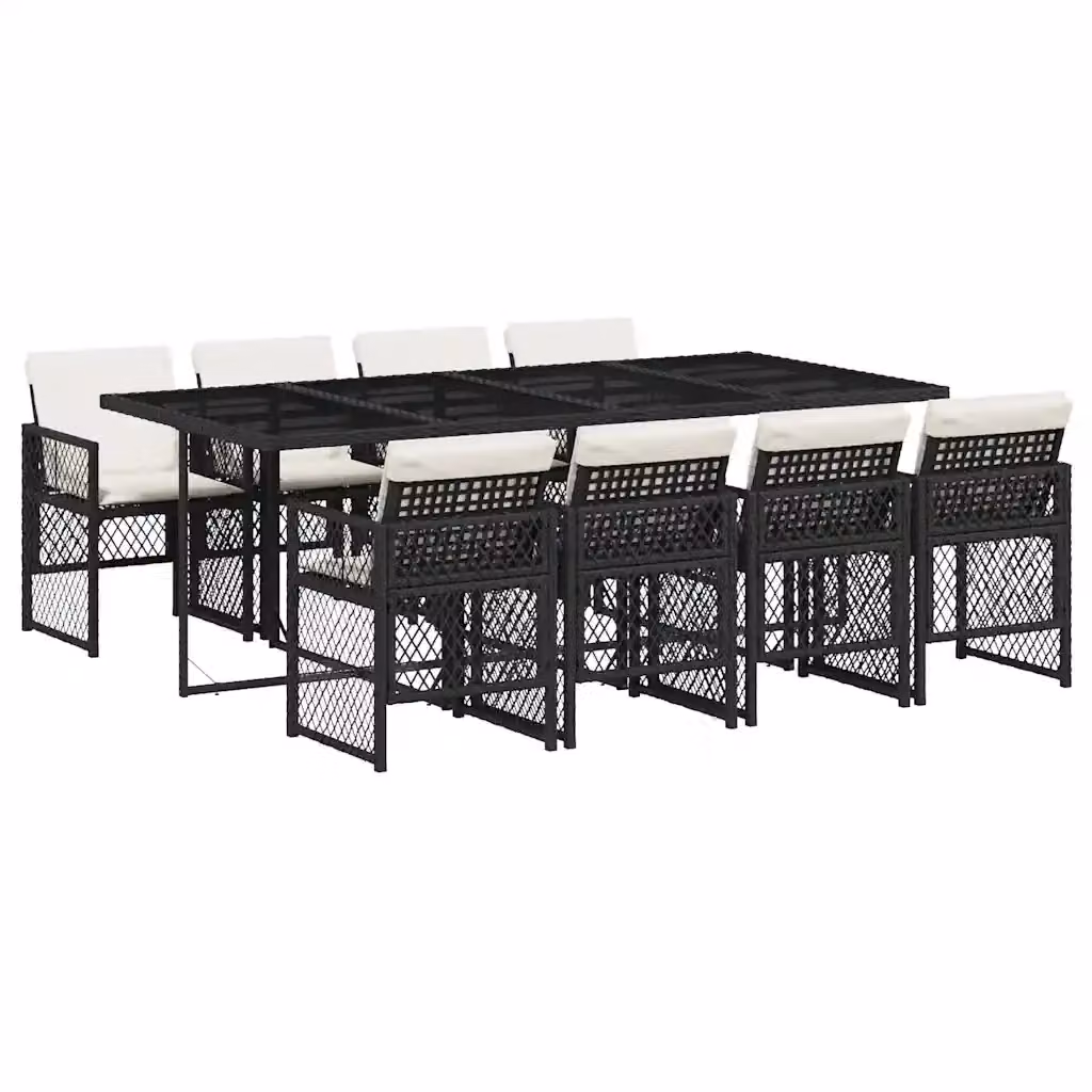 vidaXL Set da Pranzo da Giardino 9 pz in Polyrattan Nero con Piano in Vetro e Cuscini – 2