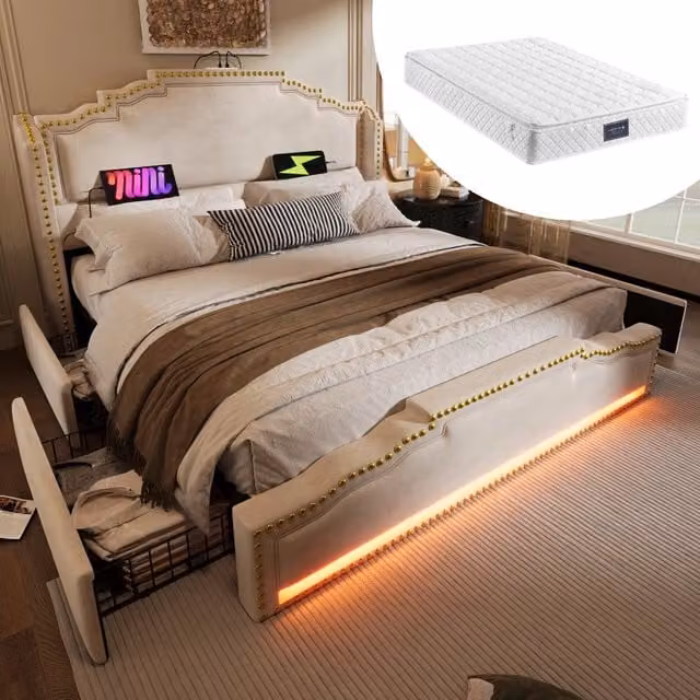 Desviae Letto contenitore 160 × 200 cm 2 posti con LED, USB e Type-C, 4 cassetti, con materasso, velluto beige