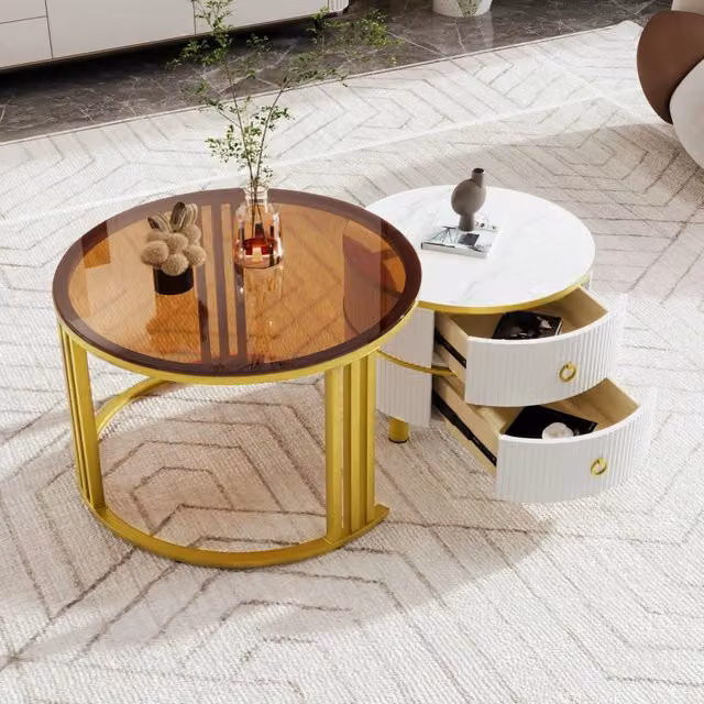 Set di 2 tavolini bassi rotondi Mivray con piano in vetro temperato e finitura lucida per soggiorno