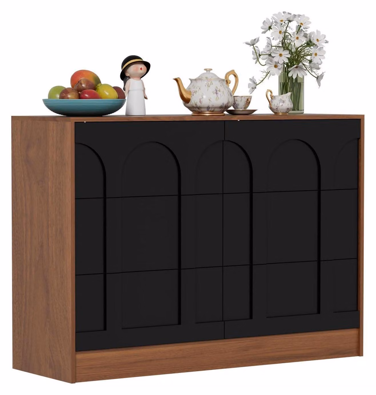 Comodino con 6 cassetti, in legno, design moderno, dimensioni 100 x 37 x 73 cm, colore nero/legno