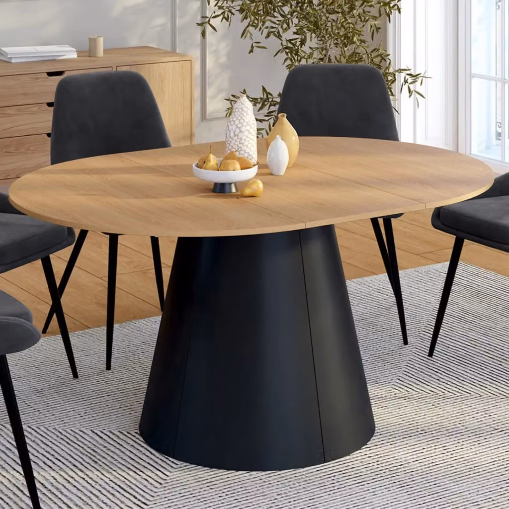 IDMarket Tavolo da pranzo rotondo allungabile ANGELE per 4-8 persone, effetto legno faggio e gamba nera, L: 110-150 cm, P: 110 cm, H: 75 cm – 2