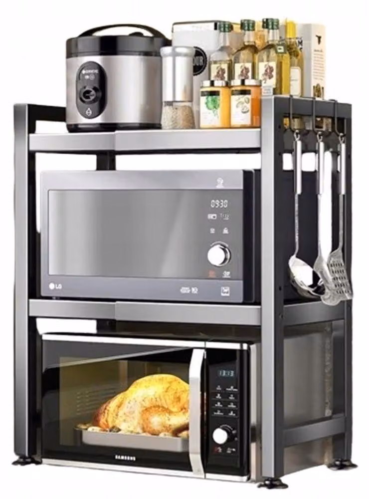Ripiano per microonde - Ripiano regolabile per la cucina - A due livelli - Con 6 ganci - Acciaio al carbonio - 40–64 cm - Salvaspazio