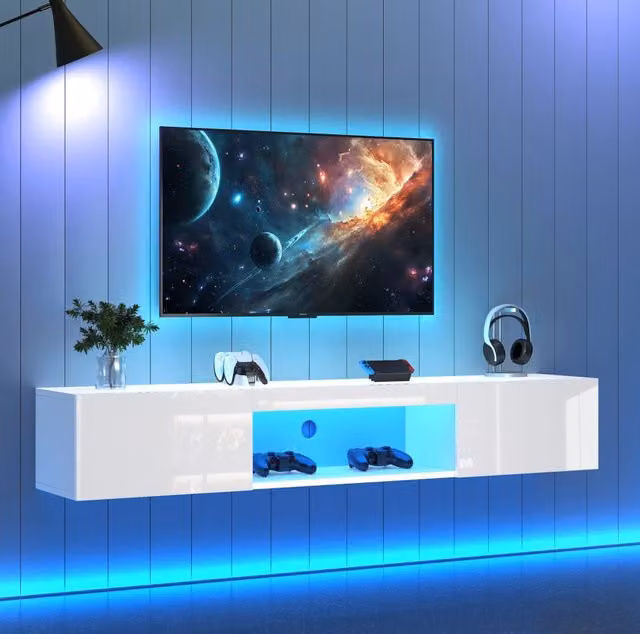 Mobile TV sospeso 160 cm bianco lucido con LED Bluetooth