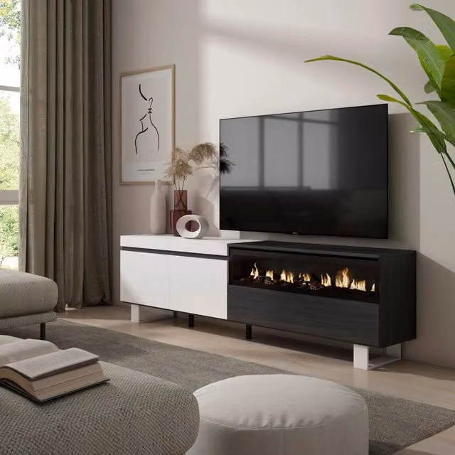 Mobile TV, 200x35x57cm, soggiorno, Per TV fino a 80", Camino elettrico, Design industriale, Bianco e nero RF2176