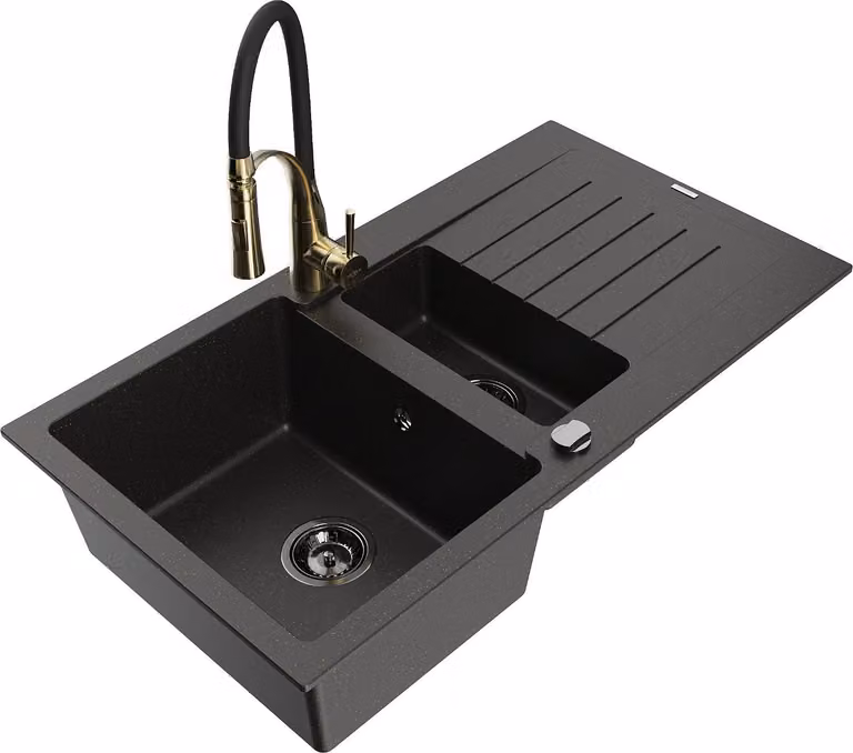 Mexen Matias lavello in granito 1,5 vasche con scolapiatti e rubinetto da cucina Aster, nero/oro metallizzato