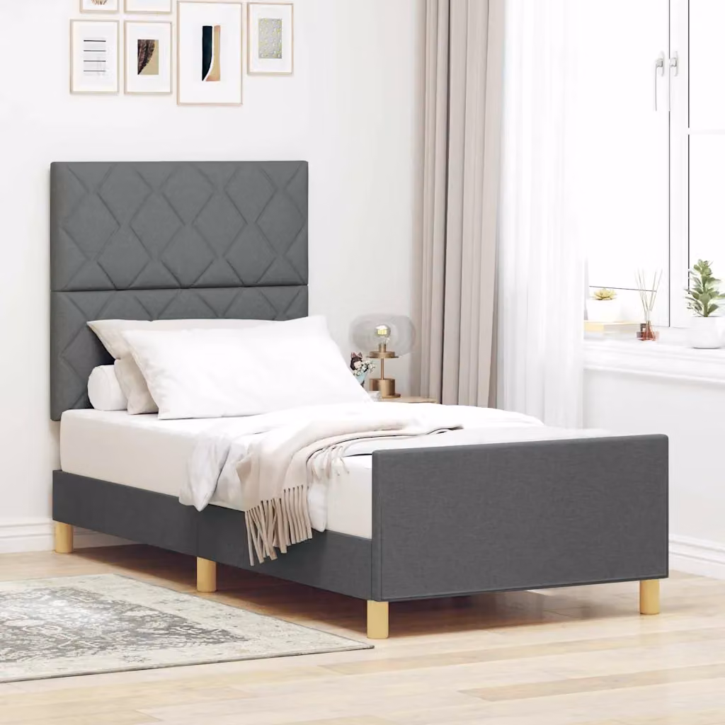 Struttura del letto moderna vidaXL in tessuto e legno di pino, Grigio, L/P/H: 90 x 190 x 128 cm
