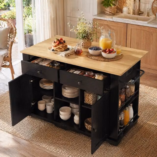 Isola da cucina ULEVR 151,5x59,7x91,7 cm con piano pieghevole, presa multipla, 2 cassetti e 5 ruote, nero naturale