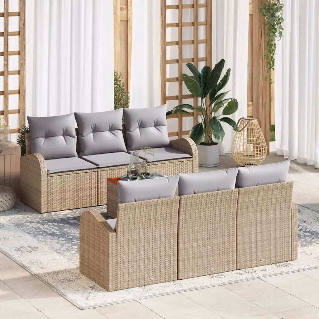 Set Divano da Giardino vidaXL 7 Pezzi Beige con Poltrona, Divani e Tavolino in Polyrattan e Acciaio
