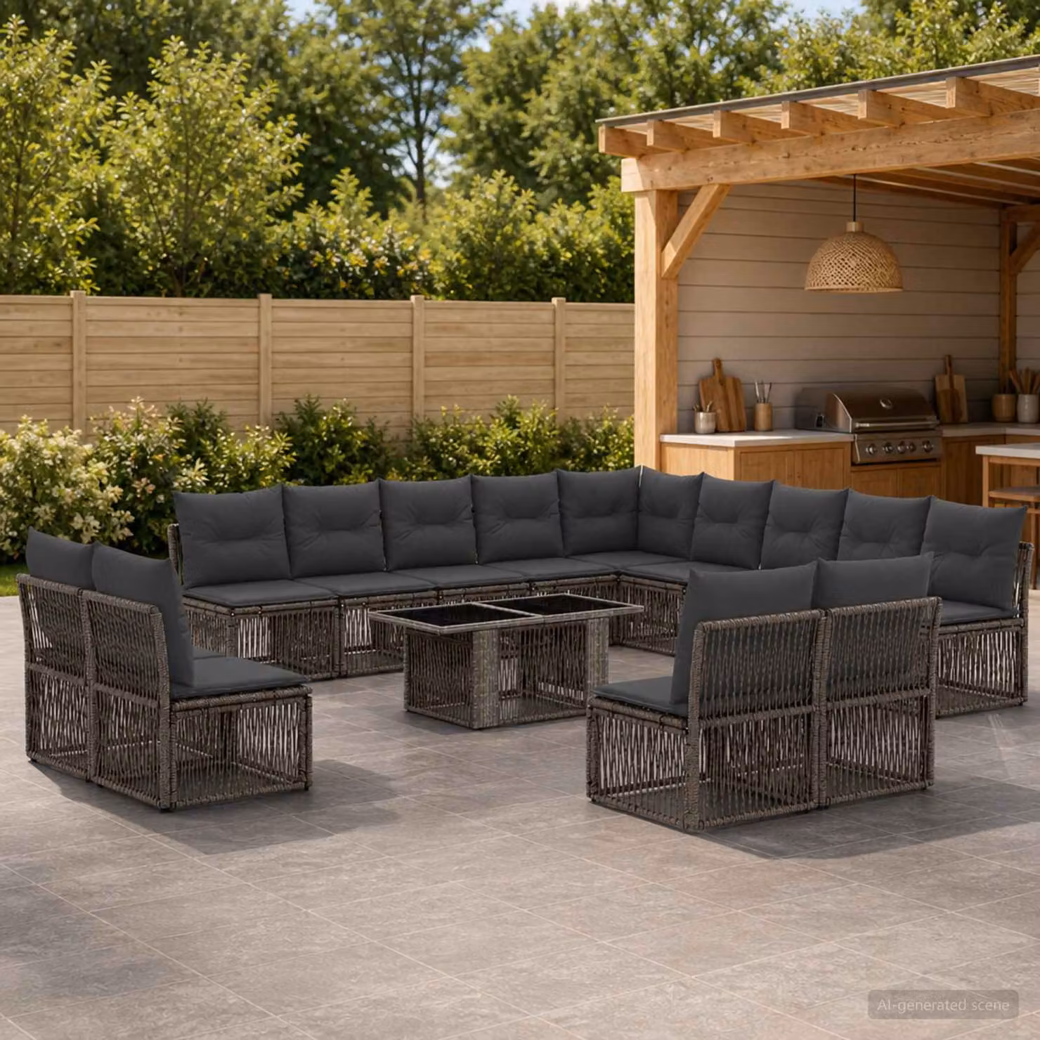 Set Divano da Giardino vidaXL 14 Pezzi a Forma di U in Polyrattan Grigio con Cuscini e Tavolino da Caffè
