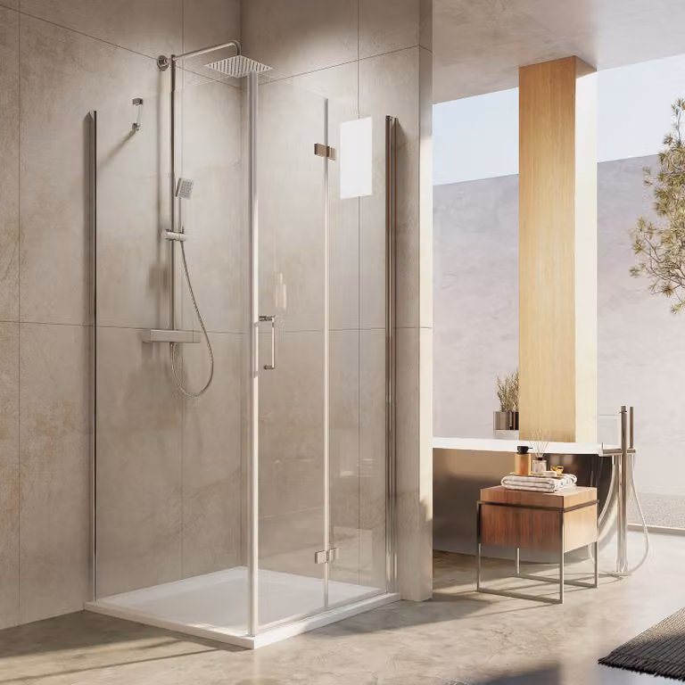 Cabina doccia EMKE 120x80x195 cm con ingresso angolare, porta doccia con parete laterale, porta a battente o pieghevole, vetro di sicurezza temperato da 6 mm con rivestimento nano.