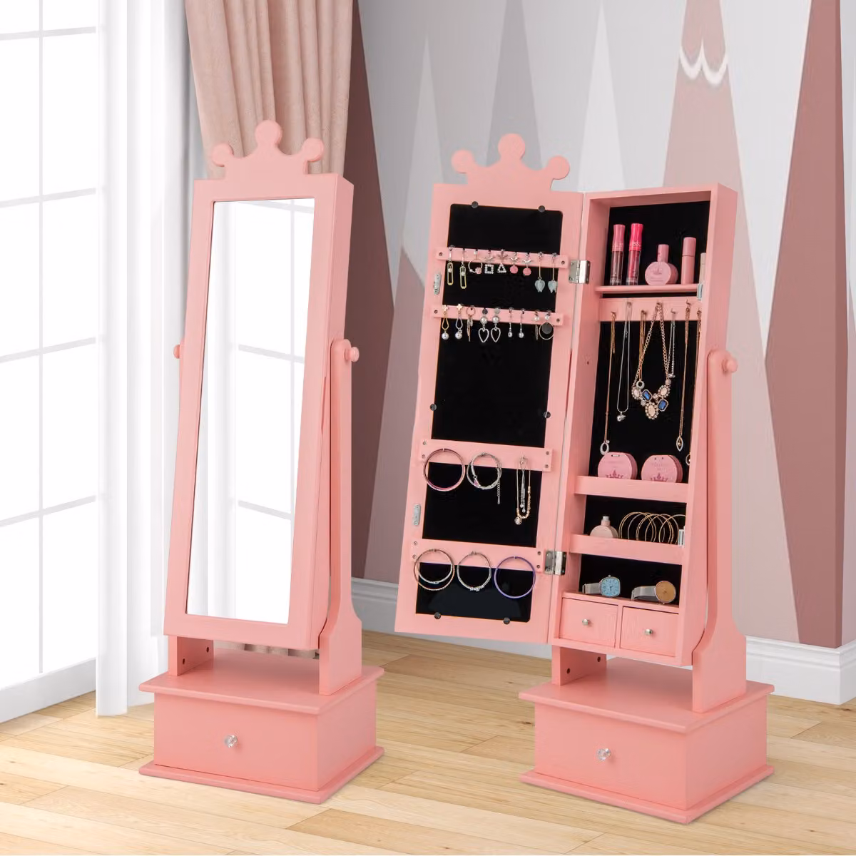 Armadio gioielli per bambini Costway con specchio a tutta lunghezza e 3 cassetti, colore rosa