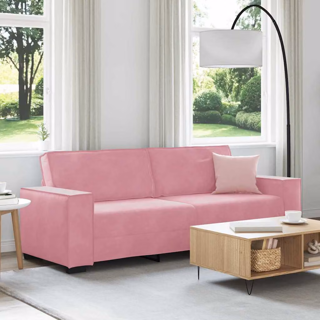 Divano a 3 posti vidaXL in velluto rosa con cuscini, L: 220 cm, P: 78 cm, H: 84 cm