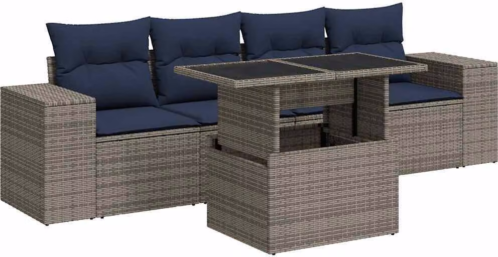 Set Divano Giardino 5 pz con Cuscini Grigio Polyrattan Acacia