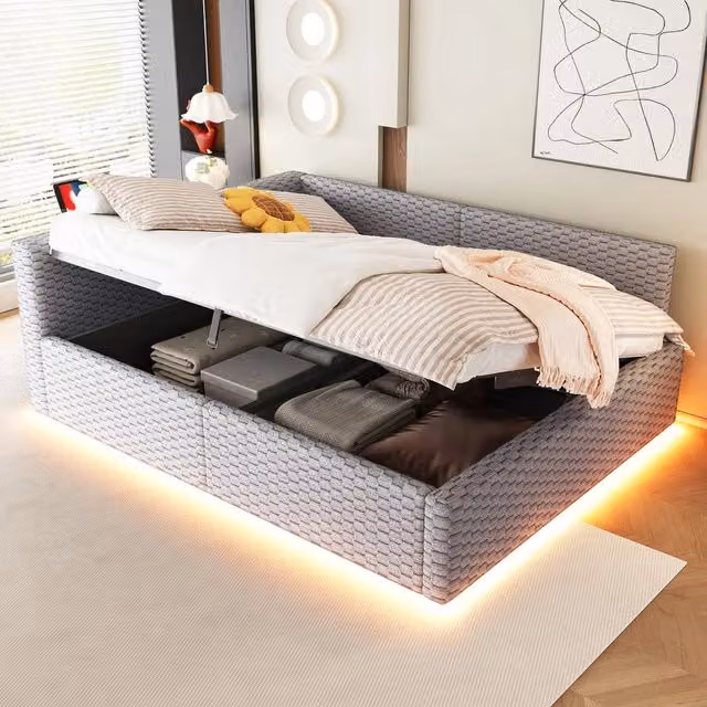 Letto Imbottito 140x200 con LED ¨C Xylo ¨C Velluto Grigio, Testiera a L, Idraulico