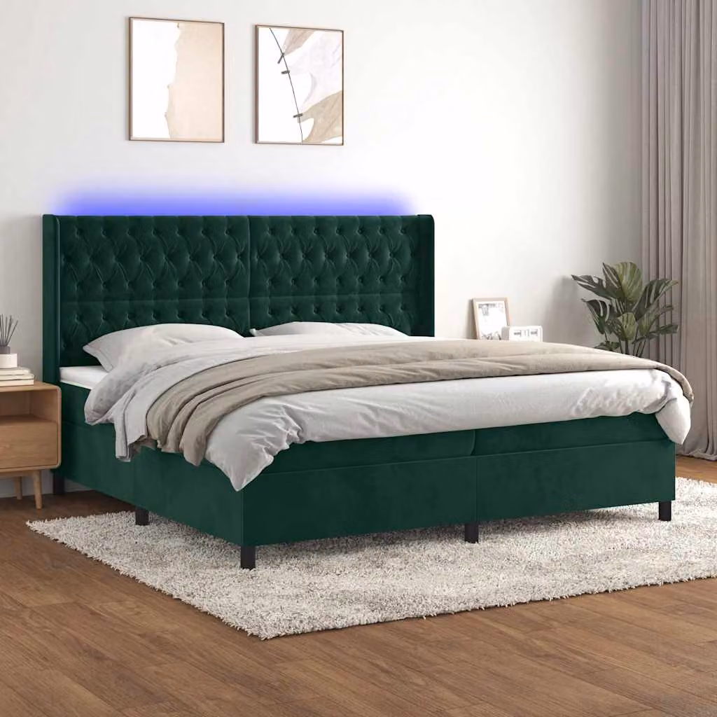 Letto Ibrido con Materasso a Molle Insacchettate e Illuminazione LED vidaXL in Velluto Verde, L/P/H: 200 x 200 x 128 cm