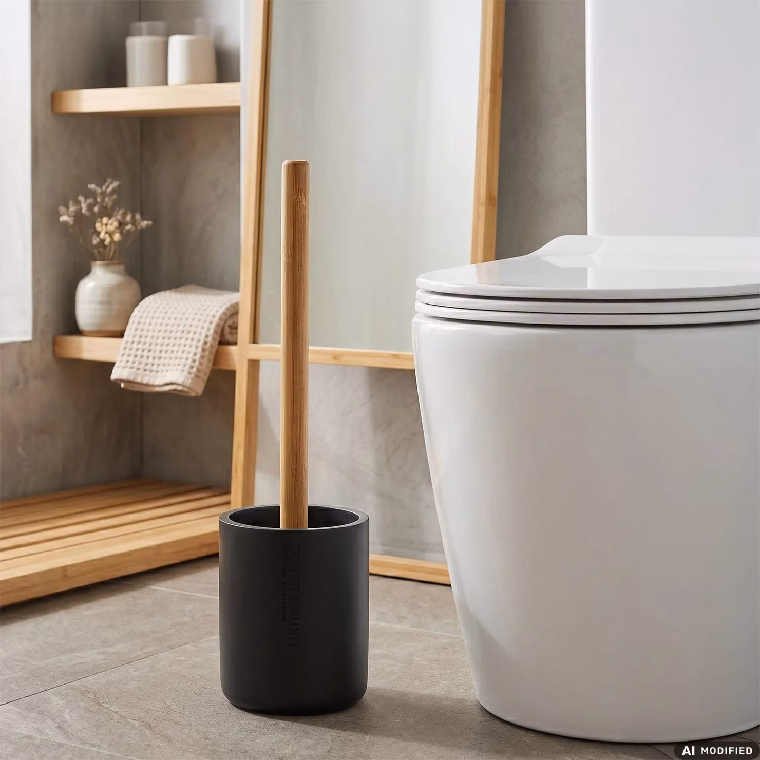 Portascopino con scopino VESTIAMO CASA in poliresina nero con manico in bamboo, H: 38 cm, Diametro: 9,5 cm – 2