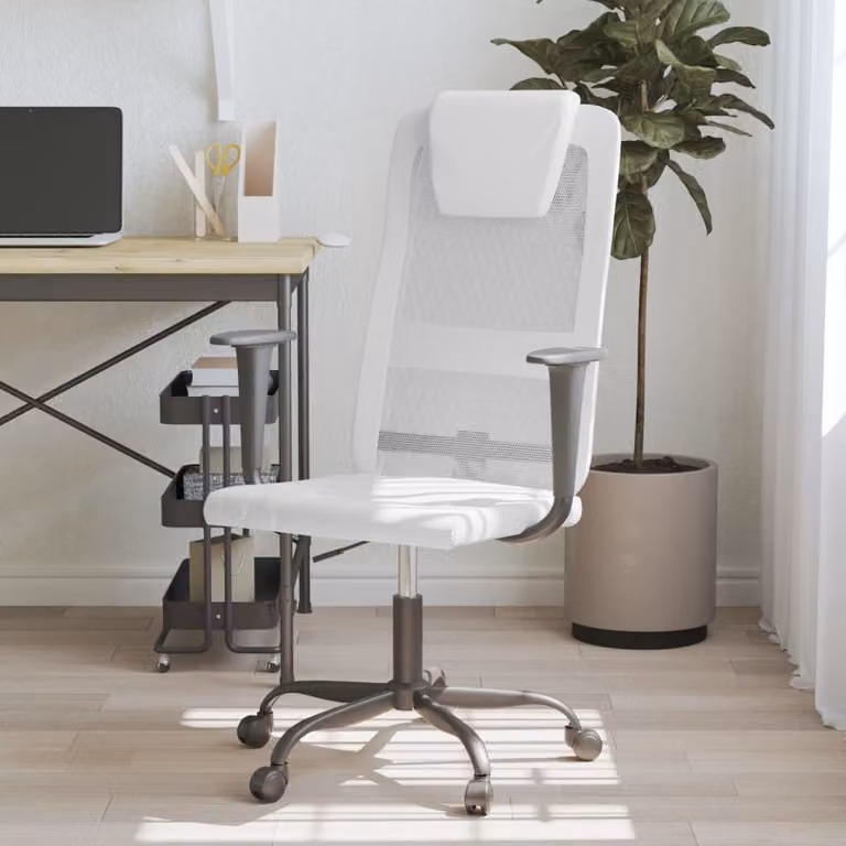 Sedia da ufficio vidaXL bianca con poggiatesta, in tessuto e similpelle, girevole a 360 gradi e con ruote, H 116 x L 67 x P 68 cm