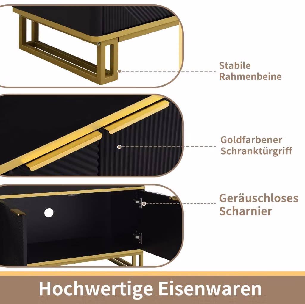 Mobile TV REDOM moderno in MDF nero e oro con texture geometrica L: 160 cm, P: 37,5 cm, H: 48 cm – 2