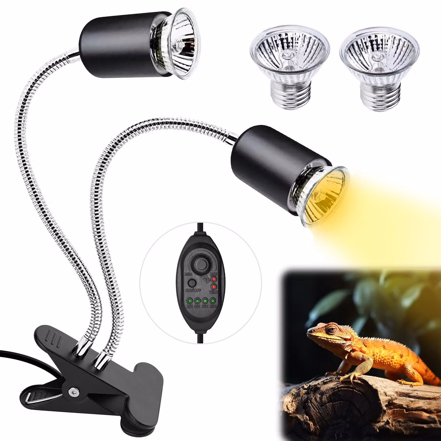 Lampada riscaldante a due teste – lampada per rettili con 2 lampade UVB da 25 W e 50 W