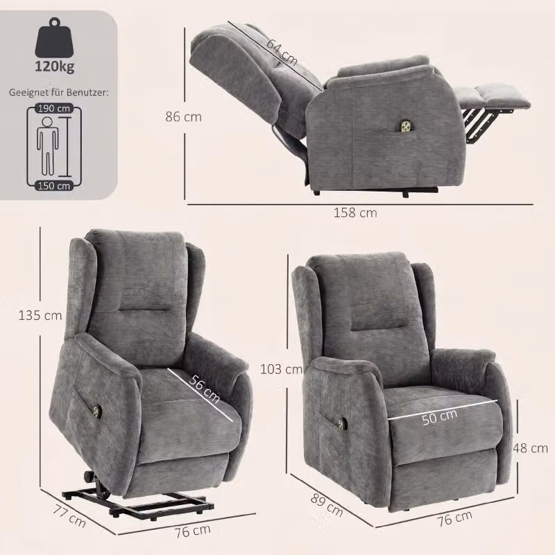 Poltrona relax elettrica MIVRAY con alzata e doppio motore, rivestimento effetto ciniglia grigio scuro, reclinabile fino a 155° – 2