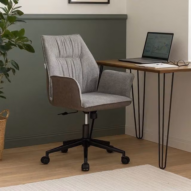 Poltrona girevole Citra EFFEZETA ITALIA con rotelle, schienale in ecopelle color elefante e seduta in tessuto grigio per ufficio o casa – 1